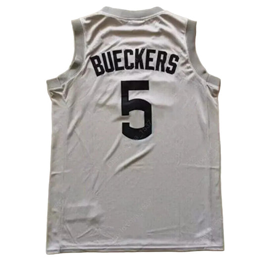 Gray basketball jersey with 'Bueckers' and number '5' on a beige background