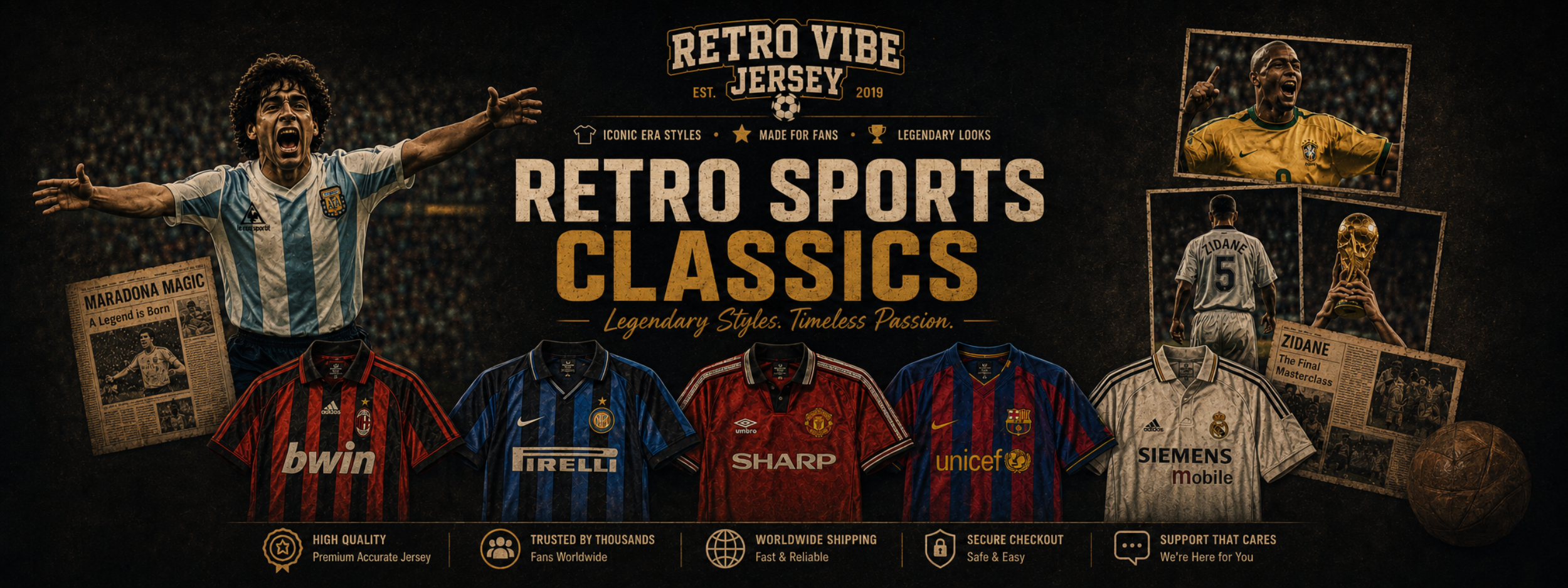 Promotional banner for 'Retro Vibe Jersey' with sports jerseys and vintage-style graphics.