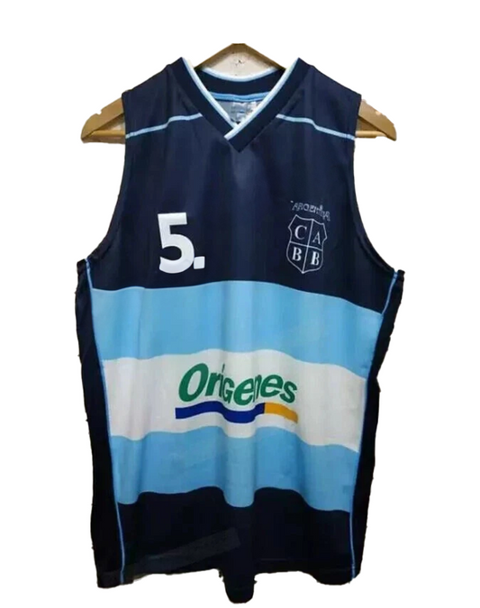 Blue and black sports jersey with number 5 and branding on a white background