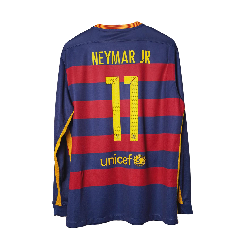 Long-sleeve sports jersey with 'Neymar Jr' and number '11' on a hanger against a white background