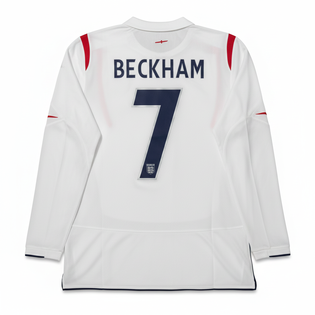White soccer jersey with 'BECKHAM' and number '7' on a white background