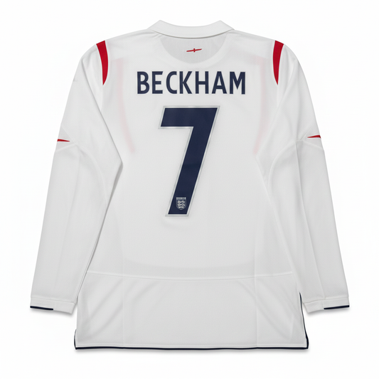 White soccer jersey with 'BECKHAM' and number '7' on a white background