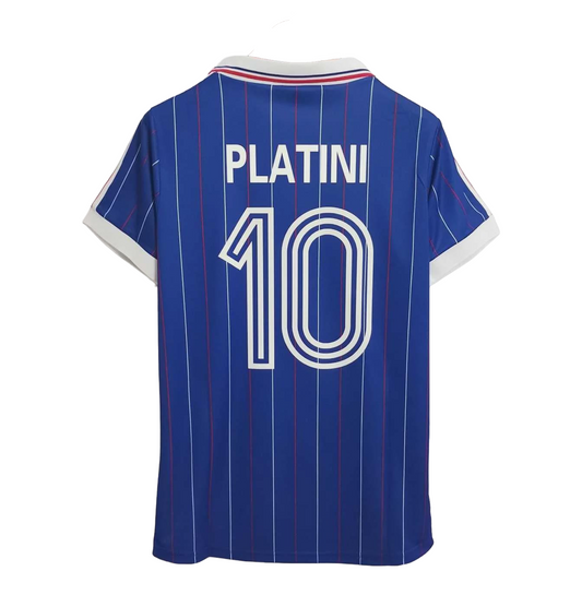 Blue sports jersey with 'PLATINI' and number '10' on a white background