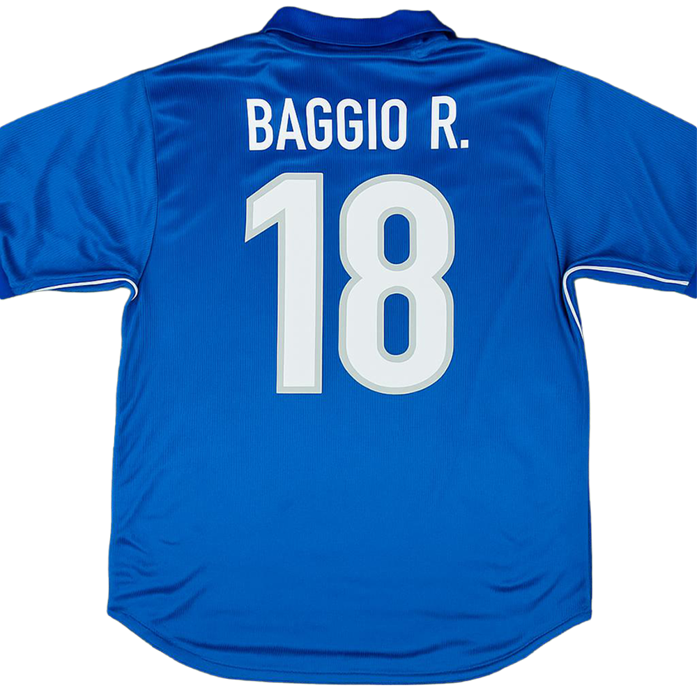 Blue soccer jersey with 'BAGGIO R.' and number '18' on a white background
