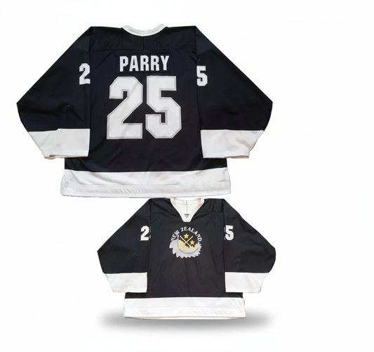Black hockey jersey with 'Parry 25' on a white background