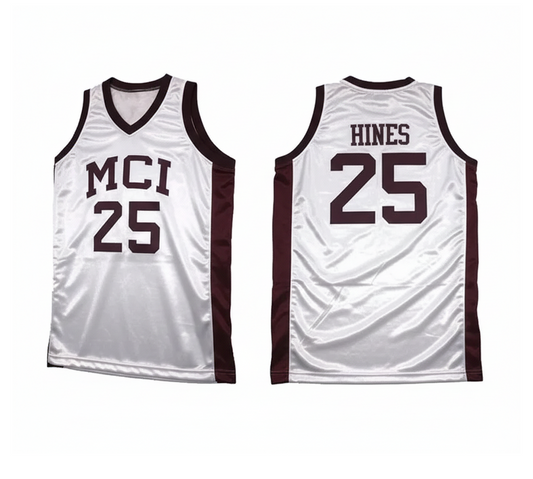 White basketball jersey with 'MCI' and 'HINES 25' printed on a white background
