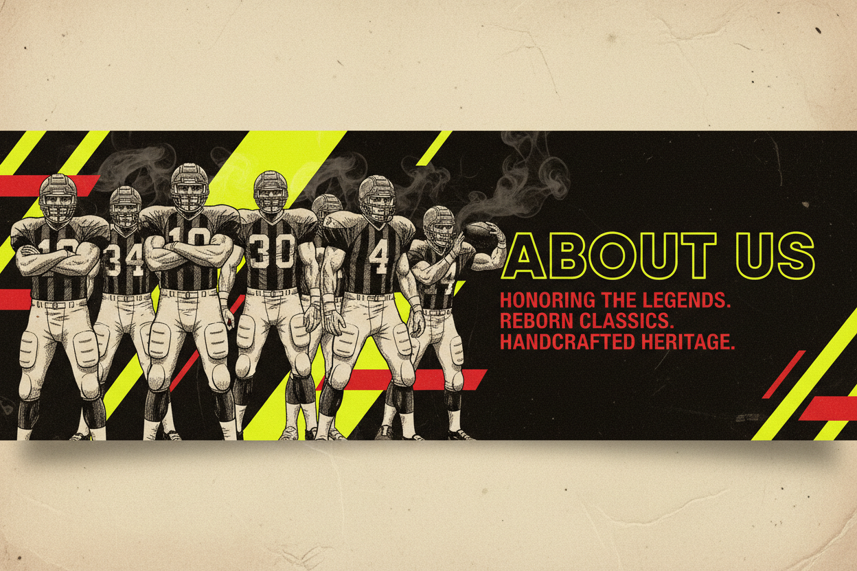 Create an “About Us” banner for a vintage football jersey brand. Use stylized fictional football characters in black-and-white illustrations—not real players—standing confidently or interacting as a team. Keep the same retro sports vibe: gritty textures, strong shadows, neon yellow accents, and red highlight bars. Add geometric shapes, diagonal stripes, and subtle smoke in the background. Include space on the right or center for an “About Us” heading and a short description. Overall mood: nostalgic, legenda