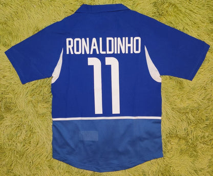 Brazil 2002 Away Ronaldinho Retro Vintage Soccer Futbol Blue Jersey
