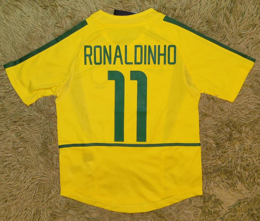 Brazil Ronaldinho #11 World Cup 2002 Home Yellow Soccer Football Futbol Jersey