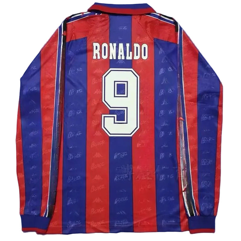 Red and blue striped sports jersey with 'RONALDO' and number '9' on a blue background