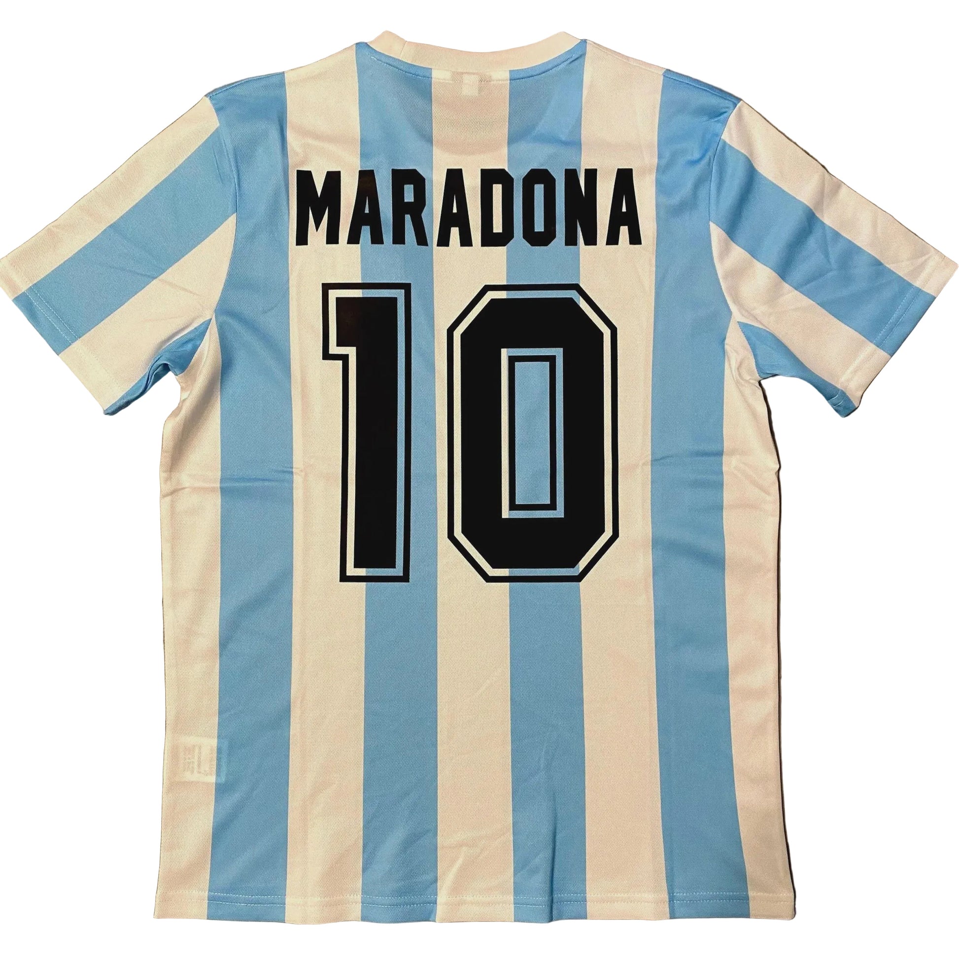 Soccer jersey with 'Maradona 10' on a wooden surface