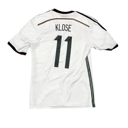 White soccer jersey with 'KLOSE' and number '11' on a green grass background