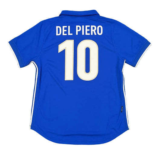 Blue sports jersey with 'Del Piero' and number '10' on a grass background