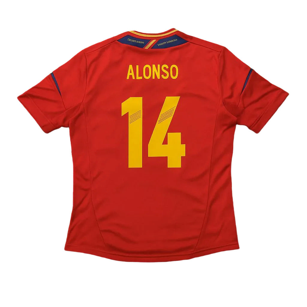 Red soccer jersey with 'ALONSO 14' on a grass background