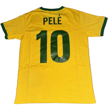 Yellow sports jersey with 'PELE' and number '10' on a brown surface