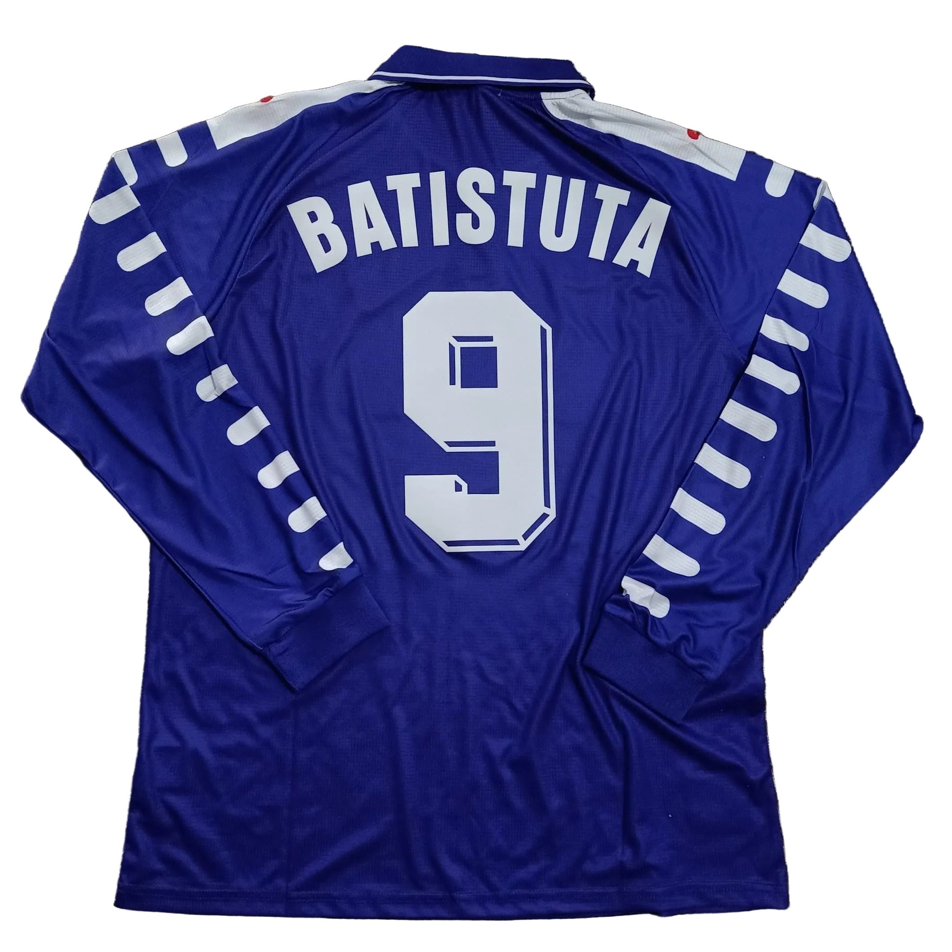 Blue sports jersey with 'Batistuta' and number '9' on a brown textured surface