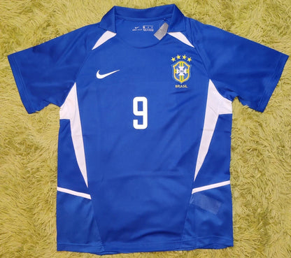 Brazil 2002 Away Ronaldo #9 Retro Vintage Soccer Blue Jersey