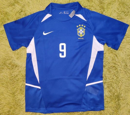 Brazil 2002 Away Ronaldo #9 Retro Vintage Soccer Blue Jersey