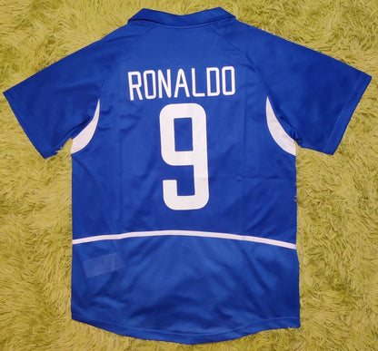 Brazil 2002 Away Ronaldo #9 Retro Vintage Soccer Blue Jersey