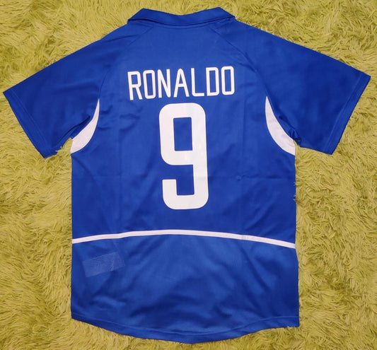 Brazil 2002 Away Ronaldo #9 Retro Vintage Soccer Blue Jersey