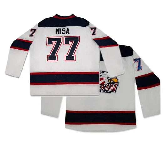 Men's Misa #77 Ice Hockey Jersey - White & Navy Stitched Custom Names