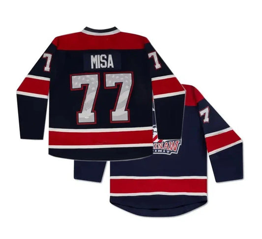 Men's Misa #77 Ice Hockey Jersey - White & Navy Stitched Custom Names